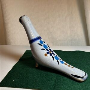 Hand-Painted Ceramic Bird Figurine in White and Blue